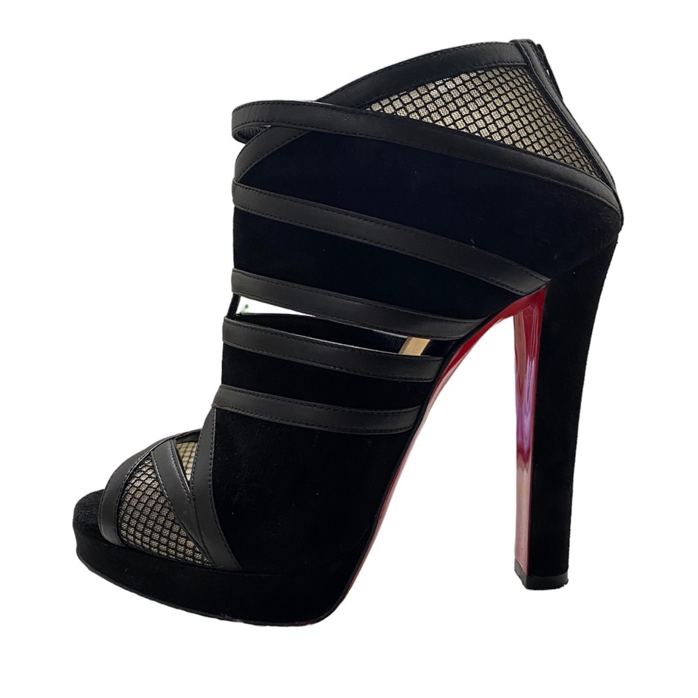 Christian Louboutin Commandanta Suede/Mesh Peep-Toe Red Sole Black Booties - Picture 2 of 11